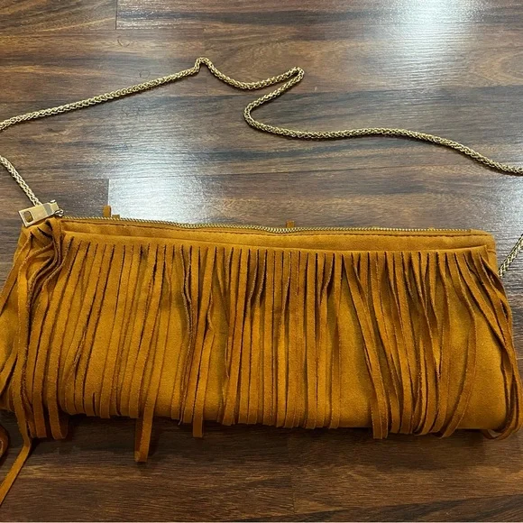 Boho Fringe Suede Tan/Brown Shoulder Bag with Gold Strap - Picture 11 of 11